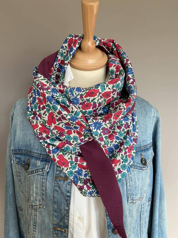 Foulard Chèche liberty Poppy and Daisy canard / Prune