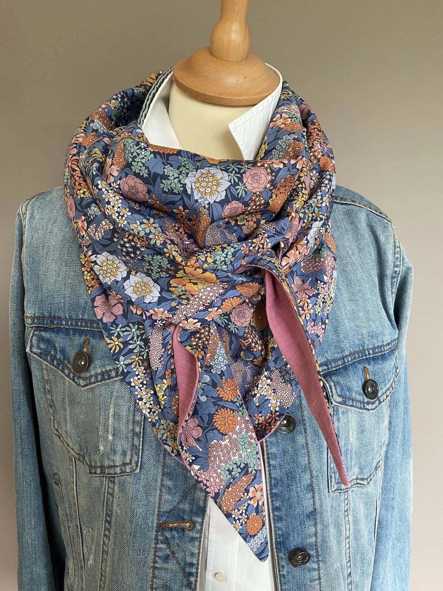 Foulard Chèche liberty Ciara Navy / Vieux Rose