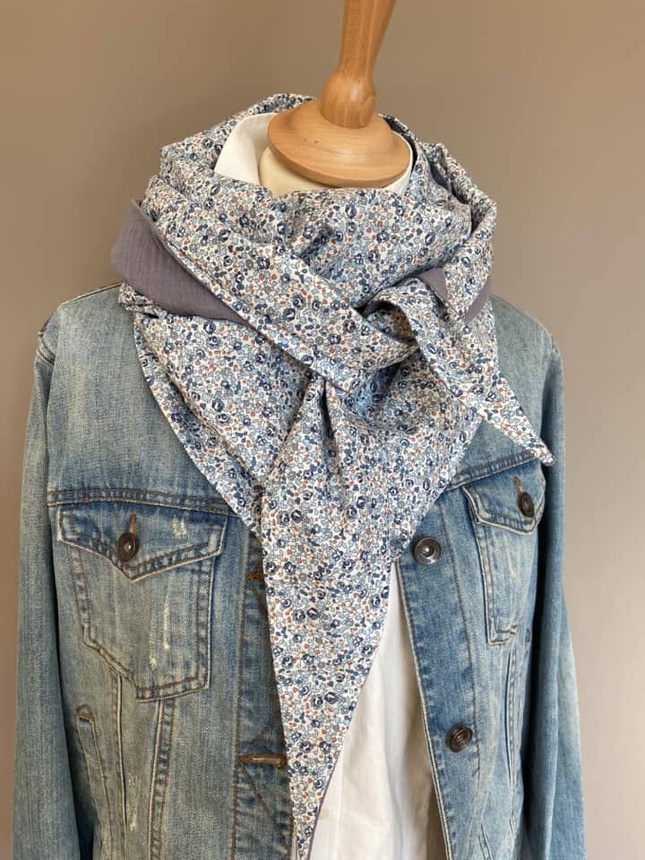 Foulard Chèche liberty Eloise Bleu foncé / Gris