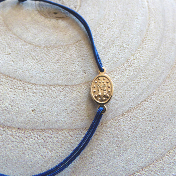 Bracelet lien bleu marine médaille miraculeuse plaqué or détail verso