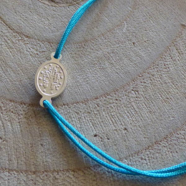 Bracelet lien bleu turquoise médaille miraculeuse argent détail verso